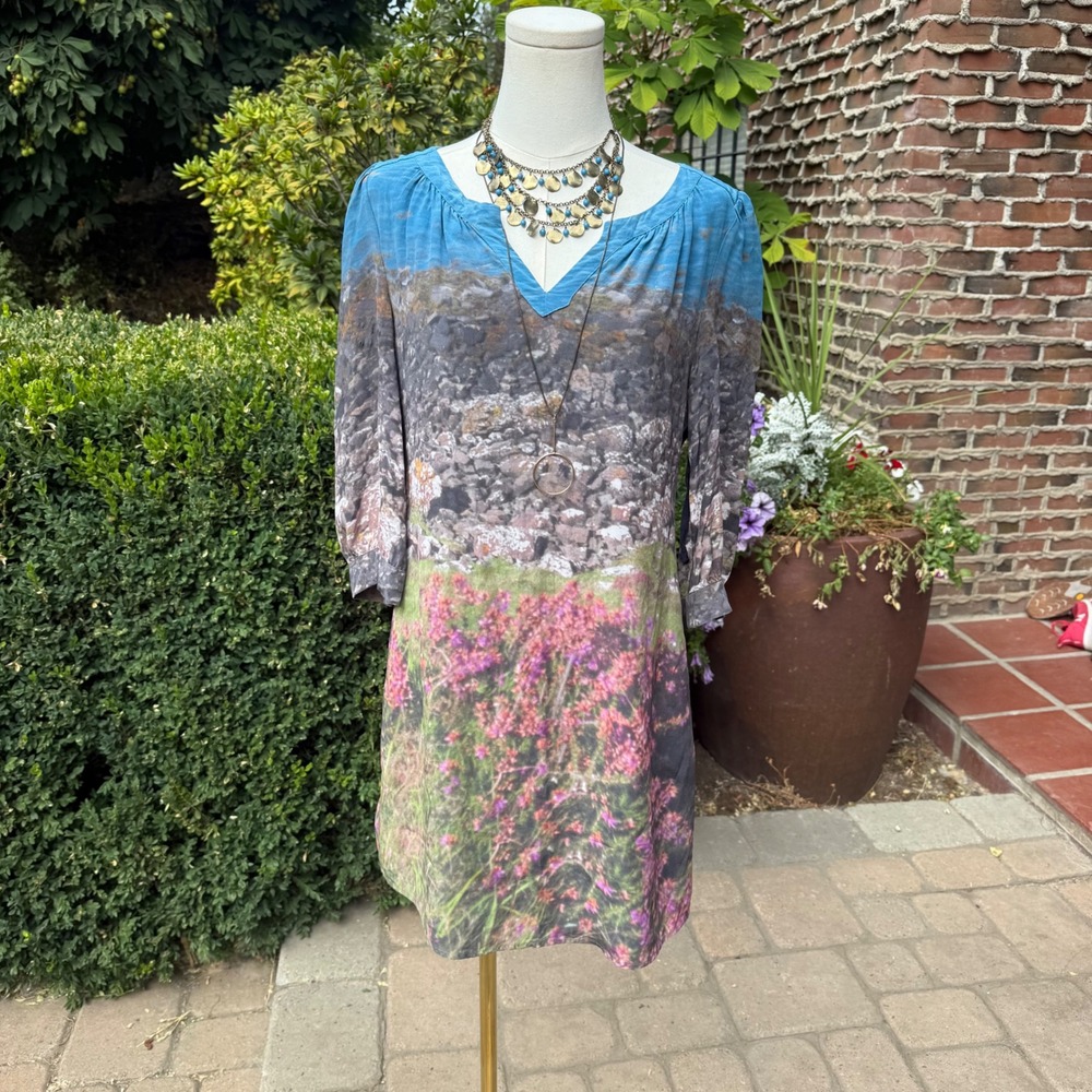 Meadow Rue Anthropologie Silk Landscape Print Shift Dress Blue Purple 6